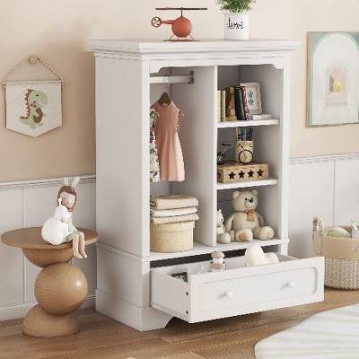 NicBex Kids Open Wardrobe Closet with Safety Rounded Corners, Hanging Rod & Drawers, Bedroom Dresser Storage, Storage Cabinet, Dresser for Closet