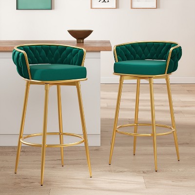 32"H Swivel Counter Bar Stools Set of 2 with Hand-Woven Backrest and Gold Metal Legs, Low Back Upholstered Kitchen Chairs with Footrest-Merax