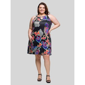 24seven Comfort Apparel Plus Size Knee Length Black Paisley Print Sleeveless Keyhole Dress - 1 of 4