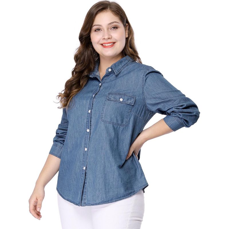 Agnes Orinda Women's Plus Size Work Stripe Button Down Long Sleeve Chambray Shirt, 4 of 8