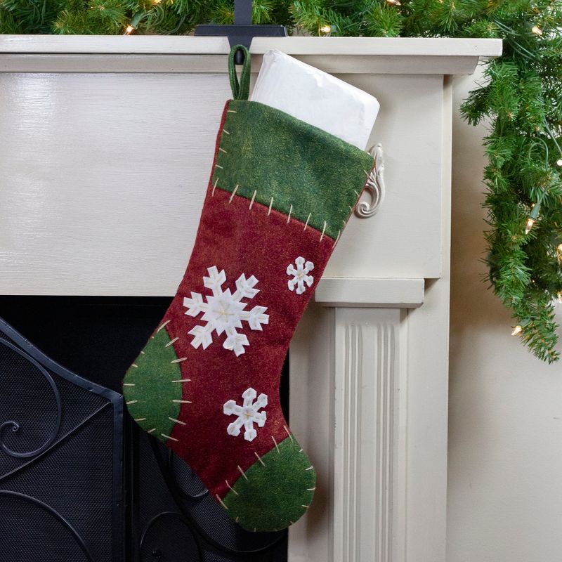 Northlight 20" Green and Red Snowflake Christmas Stocking with Blanket Stitching, 2 of 4