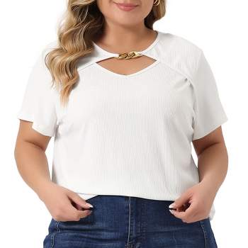 Agnes Orinda Women's Plus Size Basic Short Sleeve Metal Chain Crop Cutout Front T-Shirts