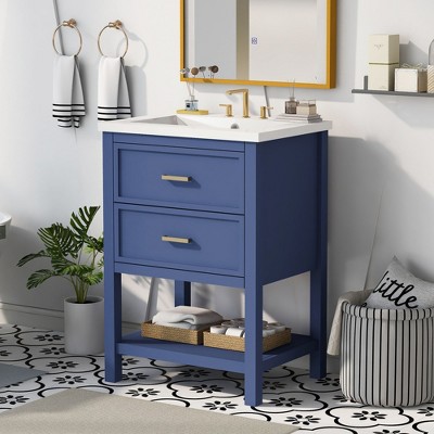 Okak 24" Modern Bathroom Vanity with Undermount Sink Multi-function Bathroom Cabinet with 2 Drawers & Open Shelf for Small Apartment, Blue