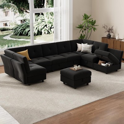 87-Inch Modular Sectional Sofa – U-Shaped Velvet Couch with Storage Ottoman, 9-Seat Comfort for Living Room or Apartment, Stylish Blue Design