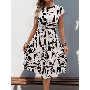 Womens Dress Summer Round Neck Short Sleeve Print Pleated Midi Dress - 1 of 3