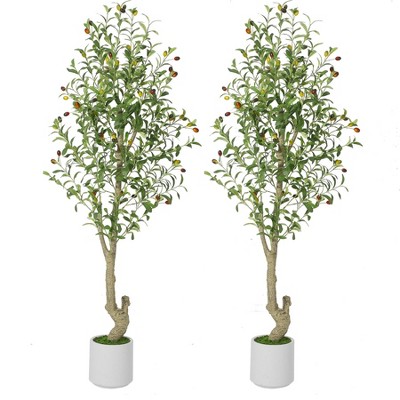 Tall Faux Olive Tree，Tall Faux Olive Tree with White Planter and Green Fake Moss for Home Office Living Room Bedroom Stairs Foyer Decor
