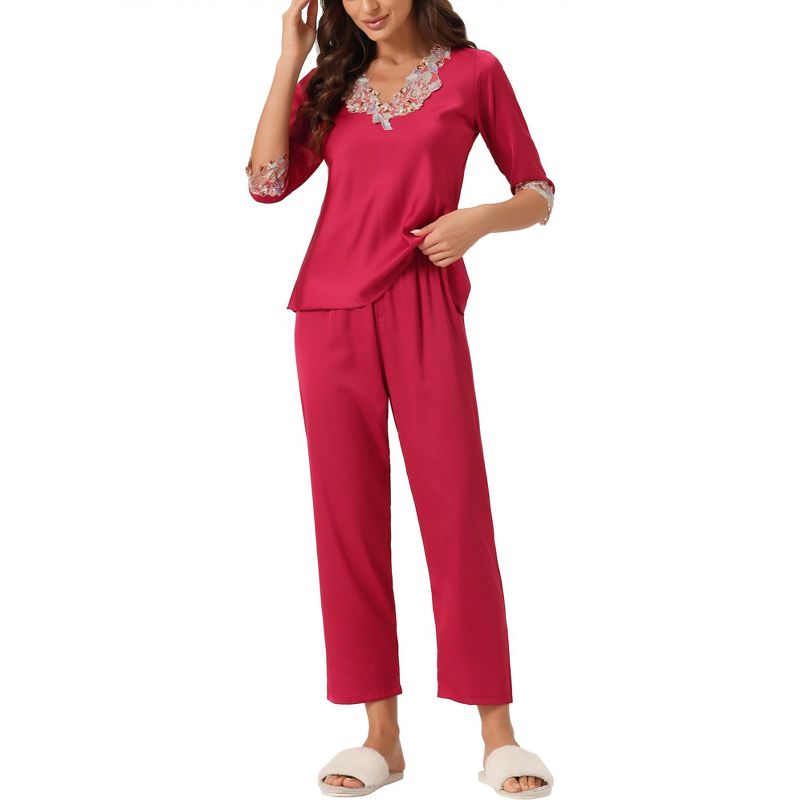 cheibear Women's Satin Pajama Set Half Sleeve Lace Trim with Long Pants 2 Piece Sleepwear Sets, 1 of 6