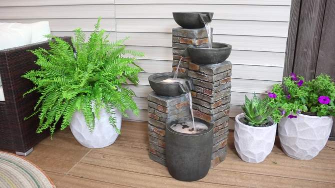 Sunnydaze 34"H Electric Polyresin Staggered Bowls Tiered Outdoor Water Fountain with LED Lights, 2 of 15, play video
