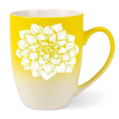 Elanze Designs Botanical Floral Nature Coffee Cup Mug 12 Ounce Ceramic With Ombre Gradient Elegant Minimalist Dahlia Flower Silhouette Yellow and