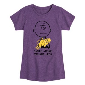 Girls' - Peanuts - Smile More Worry Less Fitted Short Sleeve Graphic T-Shirt - 1 of 4