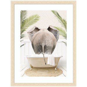 Kate and Laurel Elephant Back in Palm Bathtub by Amy Peterson Framed Wall Art Print, 20 x 26, Woodgrain Stripe Blonde - 1 of 4