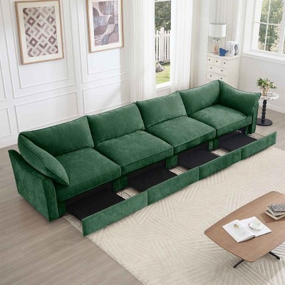 4-Seater Sofa with Pull-Out Storage Drawers, Sofa with Crescent Armrests and Piped Edge, Upholstered Chenille Sofa with Cushion-Coolbibila