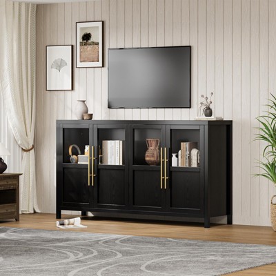 Sideboard Buffet Cabinet with 4 Glass Doors, 55" Large Buffet Cabinet with Storage, Modern Farmhouse Storage Cabinet Table