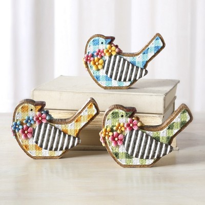 Lakeside Bright Spring Floral Bird Figurine Set with Metal Wings - Set of 3