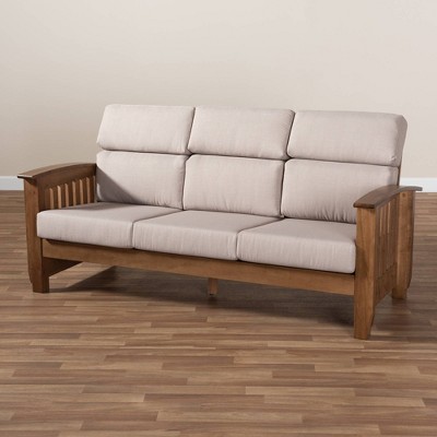 Charlotte Taupe Faux Leather and Walnut Wood 3-Seater Sofa