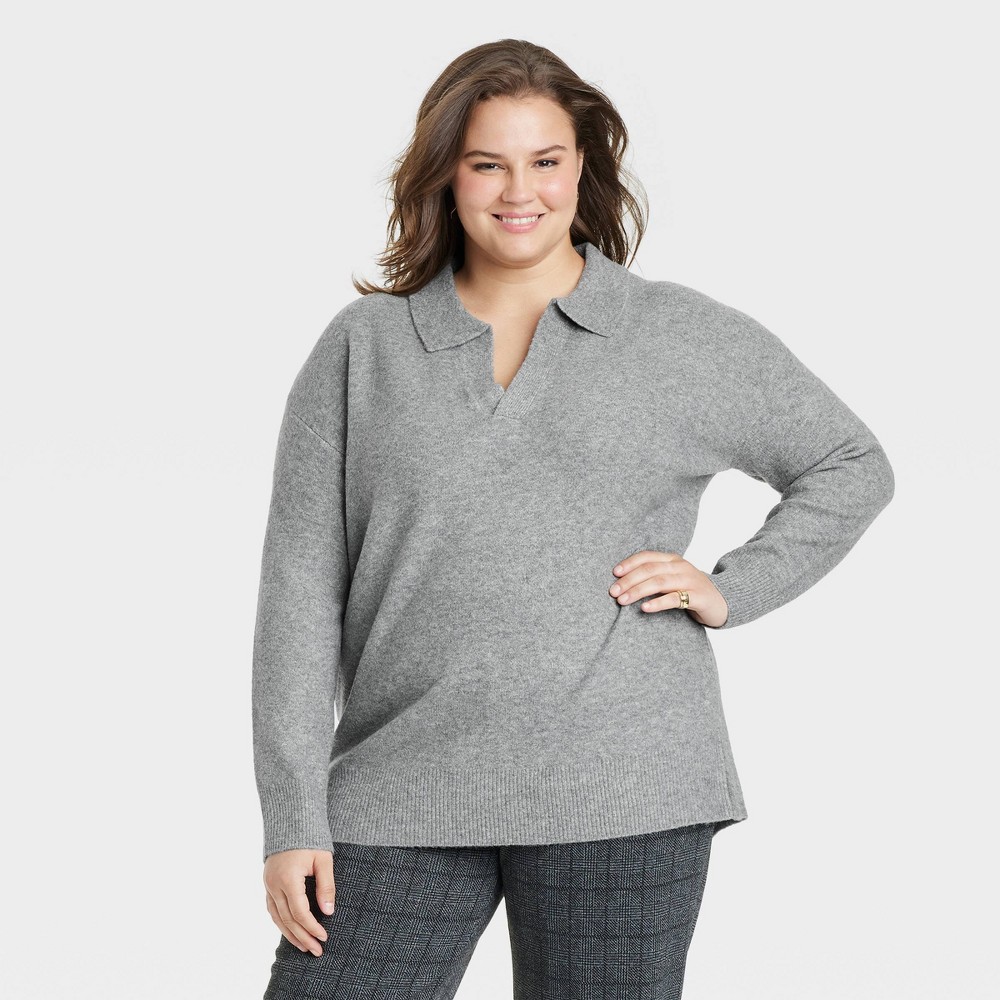 Women's Cozy Knit Polo Collar Pullover Sweater - A New Day™ Gray 1X