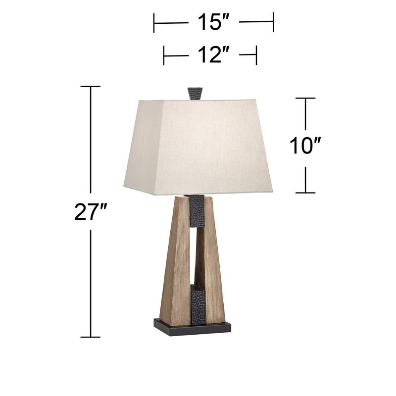John Timberland Mitchell Rustic Farmhouse Table Lamps 27" Tall Set of 2 Wood with USB Charging Port Oatmeal Tapered Rectangular Shade for Living Room, 4 of 10