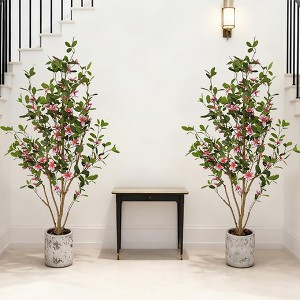 2-Pack 4FT Artificial Tree in Pot Outdoors Indoors, Wedding Decor Large Fake Orange Flowers Myrtle, Faux Plant Decor for Porch Patio Living Room - 1 of 4