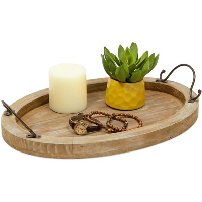Farmlyn Creek Wood Farmhouse Oval Coffee Table Serving Tray Platter with Handles Brown 15.75 x 10.8 x 1.25 Inches