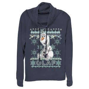 Juniors Womens Frozen Ugly Christmas Olaf Cowl Neck Sweatshirt - 1 of 3