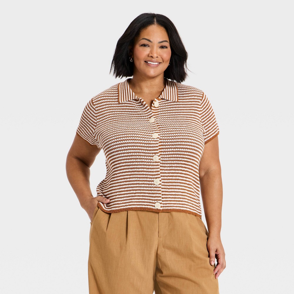 Women's Button-Up Collar Short Sleeve Sweater Top - A New Day™ Brown/Cream Striped 4X