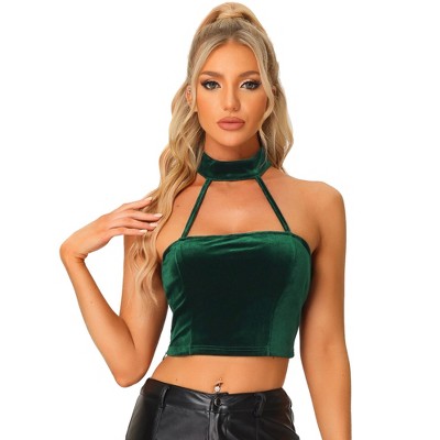 Allegra K Women's Party Punk Sleeveless Gothic Velvet Halter Cold Shoulder Crop Tank Tops