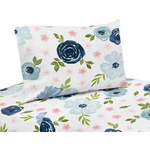 Sweet Jojo Designs Kids Twin Sheet Set Watercolor Floral Blue Pink and White 3pc - 1 of 3