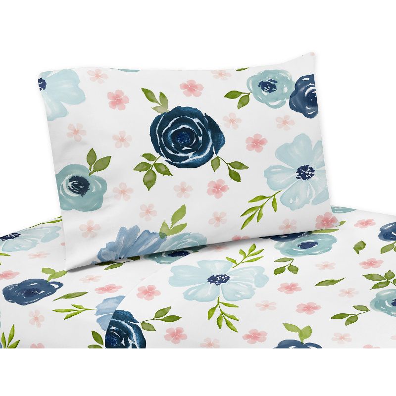Sweet Jojo Designs Kids' Queen Sheet Set Watercolor Floral Blue Pink and White 4pc, 1 of 5