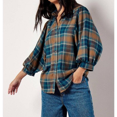 Women's Soft Touch Balloon Sleeve Check Shirt - APRICOT