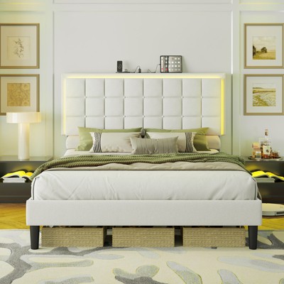 AMERLIFE Button Tufted Platform Bed Frame with LED Lights and Charging Station