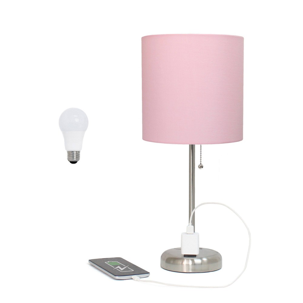 Creekwood Home Oslo 19.5" Power Outlet Base Metal Table Desk Lamp in Brushed Steel with Feit LED (Includes LED Light Bulb) Light Pink