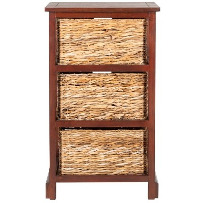 Transitional Brown Pine Wood Side Table with 3 Rattan Drawers