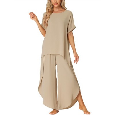 cheibear Women's Casual Short Sleeve Loose Fit Sleepshirt with Long Pants 2-Piece Loungewear Sets