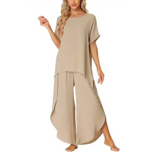 Cheibear Women's Satin Elastic Wide-leg Lace Trim Loungewear Long