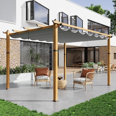 Retractable Aluminum Pergola – 10x10/10x13 Ft Wood-Grain Design, Adjustable Sunshade & Rust-Proof Frame for Patio/Backyard/Garden