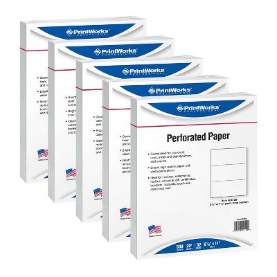 5pk 500 Sheets/Pack 20lb 3.66" and 7.33" Horizontal Perforated Paper 8.5"x11" White - PrintWorks