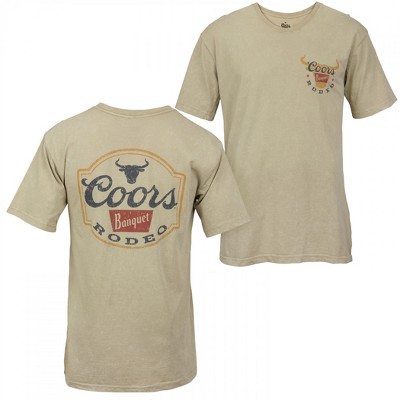 Mens Coors Banquet Rodeo Logo Distressed Front and Back Tan T-Shirt
