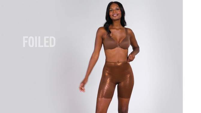 ASSETS by SPANX Women's Sheer Smoothers Foiled Mid-Thigh Bodysuit - Chocolate Glow, 2 of 5, play video