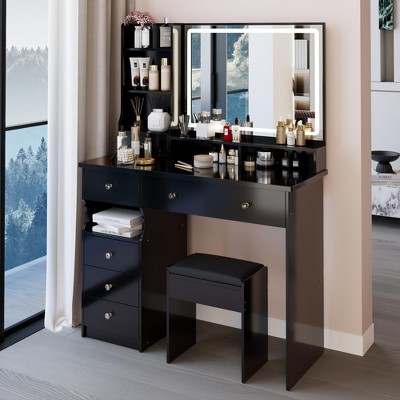 Kumasinova 29"/37"/41" Makeup Vanity Desk with Mirror and Lights,3-color Switch,Vanity Table with Padded Stool,Makeup Desk with Storage for Bedroom