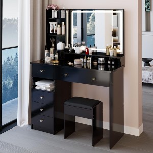 Kumasinova 29"/37"/41" Makeup Vanity Desk with Mirror and Lights,3-color Switch,Vanity Table with Padded Stool,Makeup Desk with Storage for Bedroom - 1 of 4