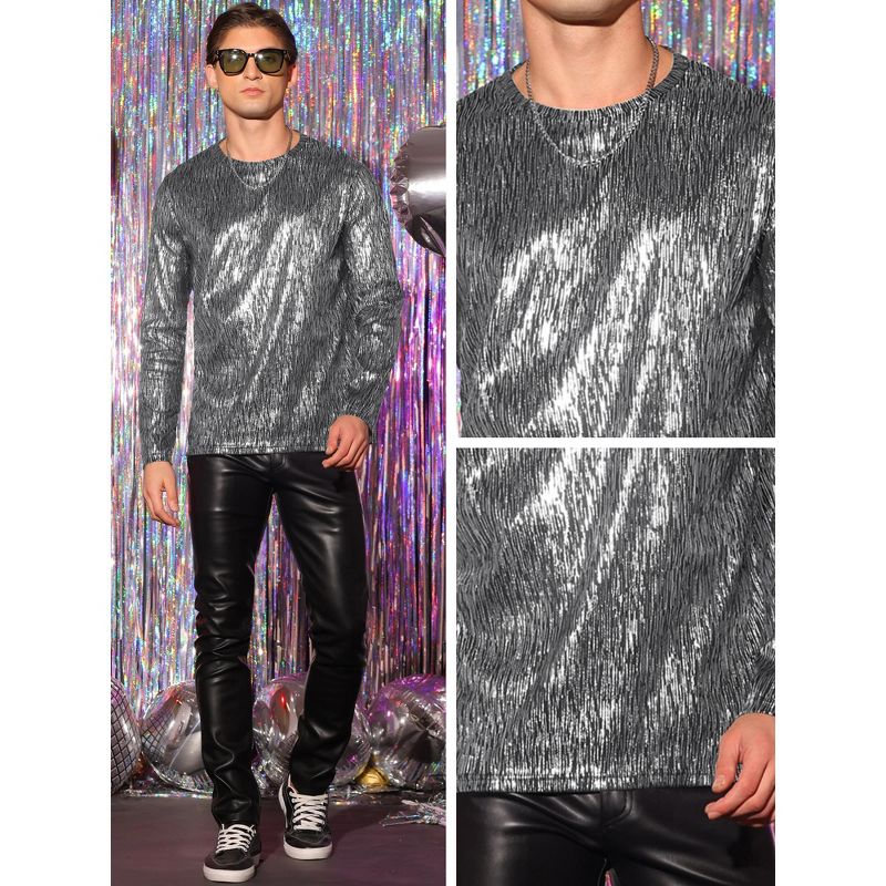 Lars Amadeus Men's Long Sleeves Party Clubwear Shiny Metallic T-Shirt, 4 of 7