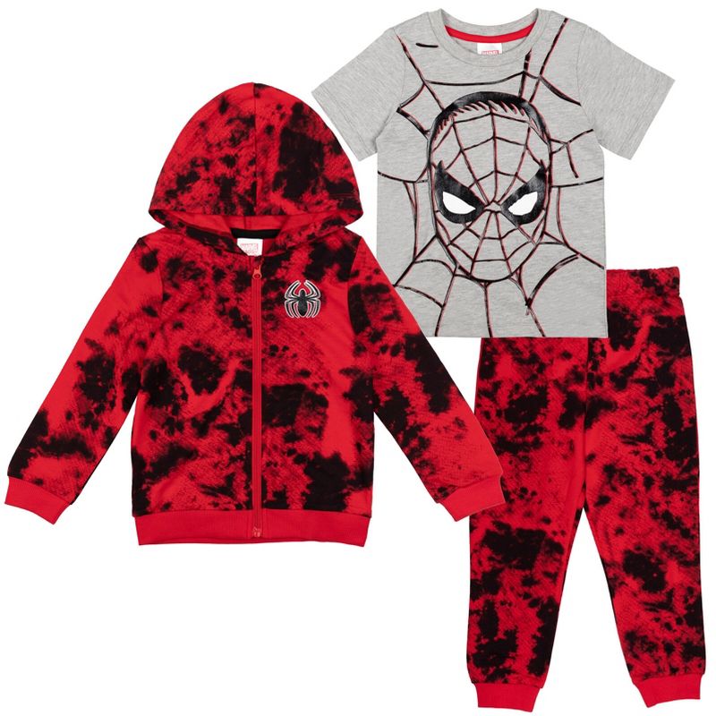 Marvel Spider-Man Tie Dye French Terry Zip Up Hoodie Graphic T-Shirt Pants Infant to Toddler, 1 of 9