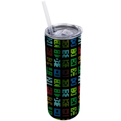 Elanze Designs Turquoise Blue 20 Ounce Double Wall Stainless Steel Glitter Travel Tumbler With Sliding Lid And Straw, 8-Bit Pixel Art Video Games
