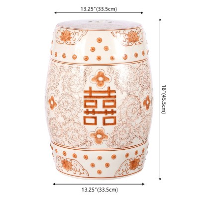 18" Orange and White Ceramic Chinoiserie Drum Garden Stool