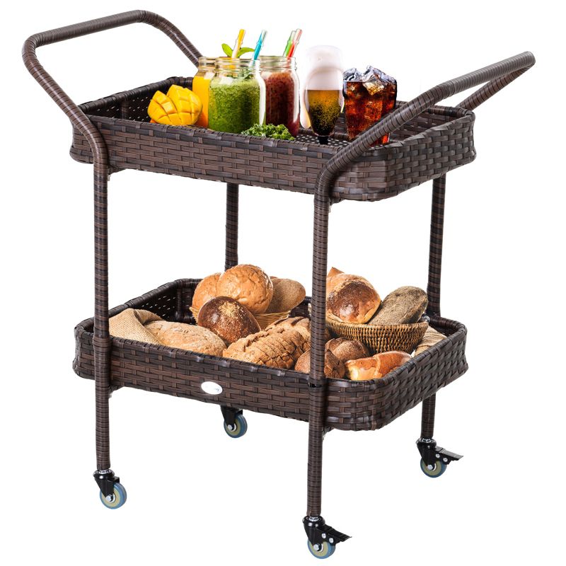 Outsunny Rattan Wicker Serving Cart with 2-Tier Open Shelf, Outdoor Wheeled Bar Cart with Brakes for Poolside, Garden, Patio, 1 of 9