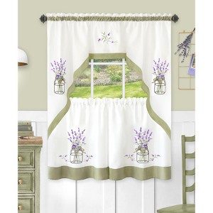 Kate Aurora Montauk Accents Lavender Floral Embellished Complete 3 Piece Kitchen Curtain Tier & Valance Set - 1 of 3