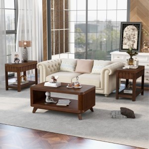 Rectangular 3-Piece Living Room Table Collection with Solid Wood Legs: Includes 1 Coffee Table and 2 End Tables, Wood Tea Table Set - 1 of 4
