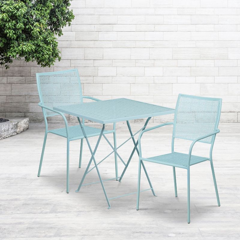 Emma and Oliver Commercial 28" Square Metal Folding Patio Table Set w/ 2 Square Back Chairs, 2 of 5