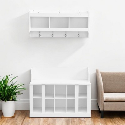 Alilang 35.40 inch Entryway Storage Bench and Wall Shelf Organizer Set-White