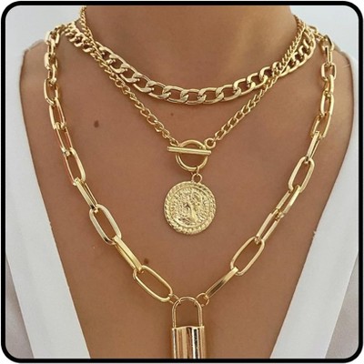 3-Piece Chunky Gold Layered Chain Set - Punk Style Paperclip & Coin Lock Necklace Collar